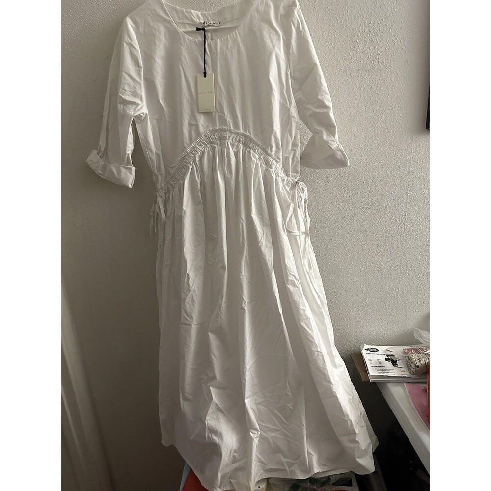 Maison Mere White Cotton Midi Dress Size M Keyhole Back Drawstring Waist